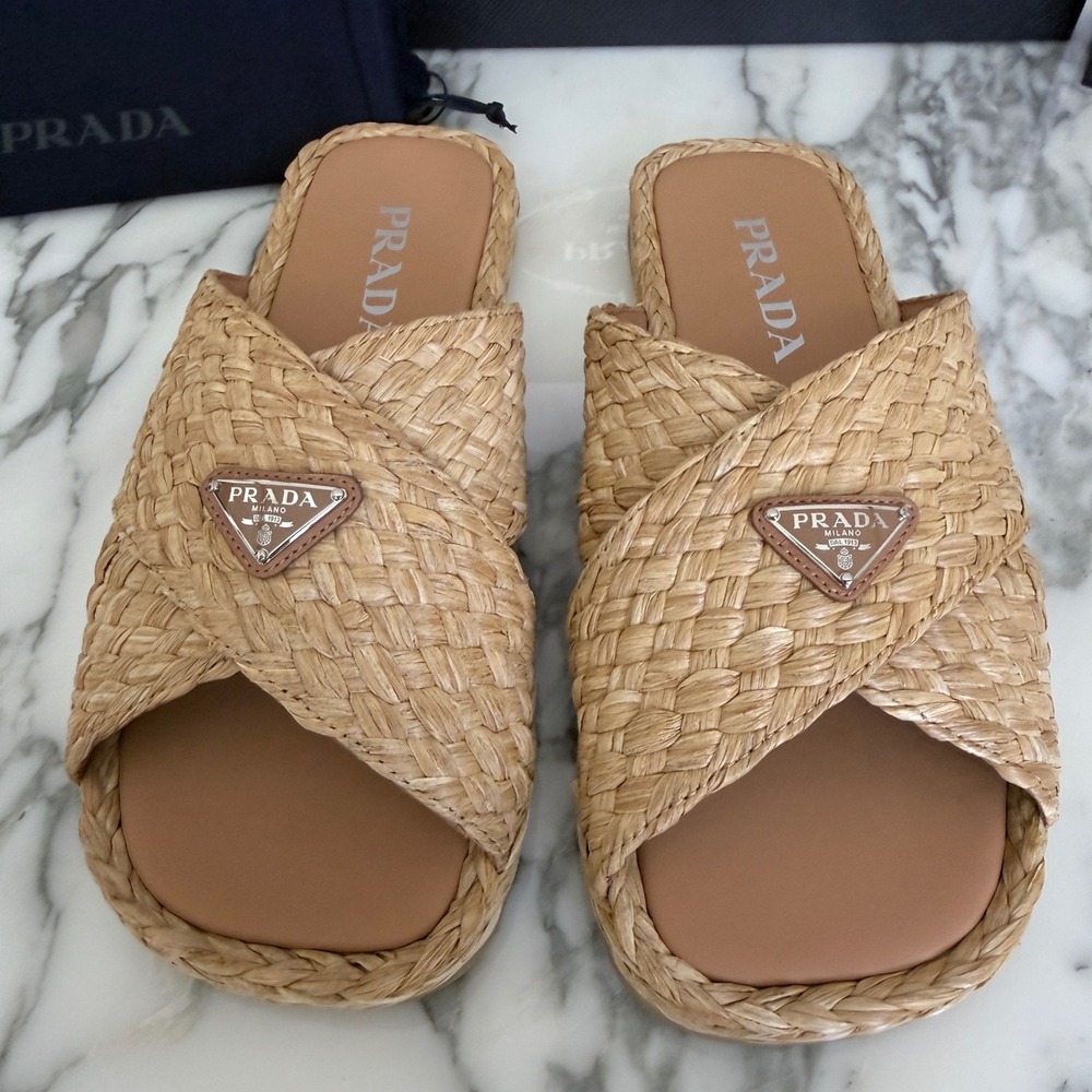 Prada Mens Woven Raffia Strap Slide Sandals Tan UK 7, 2X3142 - Picture 2 of 13